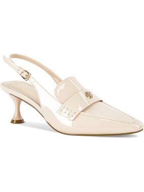 Women's Apricot Faux Leather Pointed Toe Slip On Ankle Buckle Kitten Heel Pumps